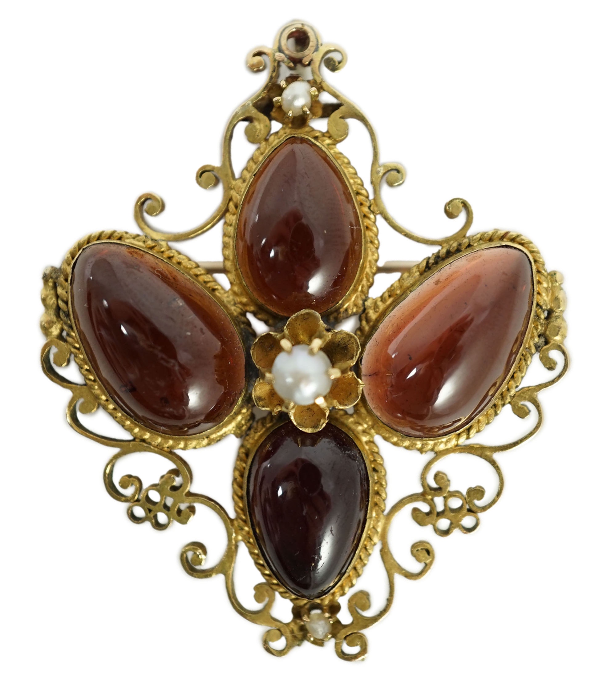 A Victorian gold, four stone garnet and three stone split pearl set mourning pendant brooch